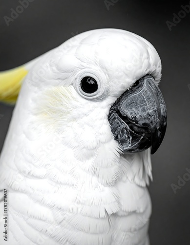 Close-up of a white bird with a yellow crest and black beak