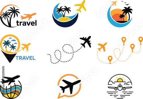 Travel and Vacation Icons with Airplanes Palm Trees Sun and Global Destination Concepts