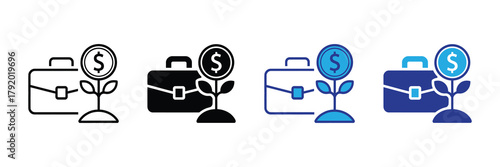 Business investment growth concept with briefcase and money plant icons set on white isolated on white background