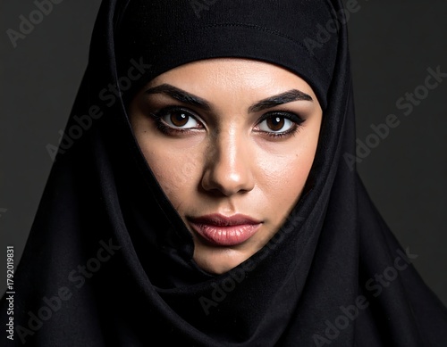Close-up of a woman in a black hijab, intense gaze