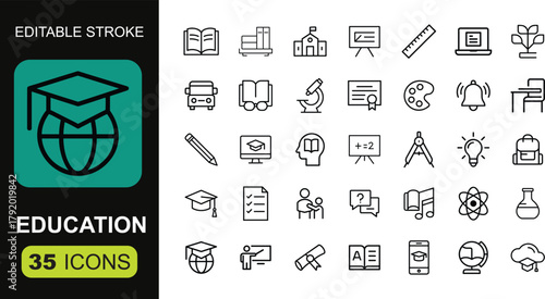 Education icon set. Including Graduate, Diploma, Course, Teacher, Student, School, Class, Degree, Thesis, Campus. vector illustration
