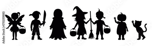 Halloween character silhouette vector collection featuring spooky and funny costume figures such as ghost, pumpkin, skeleton, witch hat, and bat shapes, creative festive for seasonal celebration art