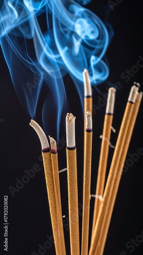 Close-up of burning sticks releasing wisps of blue smoke against a dark background, creating a serene ambiance