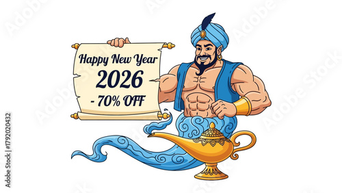 Genie's New Year Wish: A muscular genie, emerges holding a scroll, bearing a cheerful message for the year 2026, alongside an enticing offer. A touch of magic to a new year.
