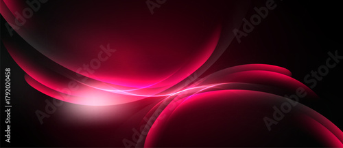 Abstract design features flowing pink shapes against dark background. Light emanates from central area, creating dynamic visual effect.