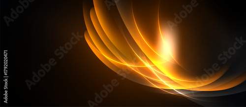 Abstract golden lines curve, radiating bright light against dark background. Dynamic composition evokes energy, warmth, motion.