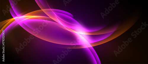 Abstract swirls, vibrant purple, orange hues create dynamic light effect. Smooth curves suggest movement, energy, modern design.