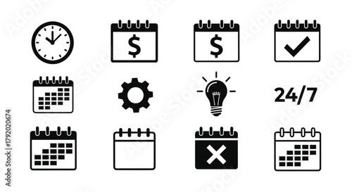 Collection of black calendar, clock, gear, idea, and schedule icons representing time management, planning, productivity, organization, business operations, and workflow tools.