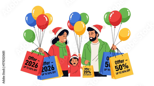 Festive Family Shopping Spree: A family decked out in Santa hats and holding colorful balloons, embarks on a holiday shopping spree.