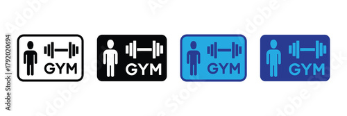Gym sign set with human figure and dumbbell icon, workout and fitness center symbols isolated on white background