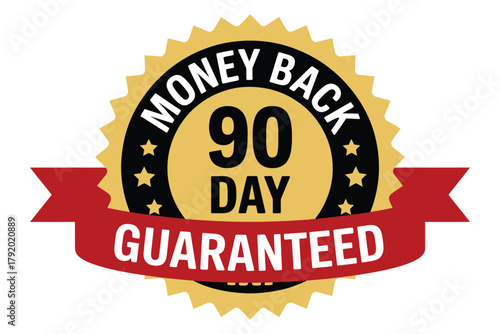 A gold seal with a red ribbon announces a 90-day money-back guarantee, symbolizing customer trust and satisfaction.