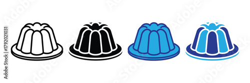 Jelly pudding mold dessert icon set with outline, solid, and blue color styles vector isolated on white background