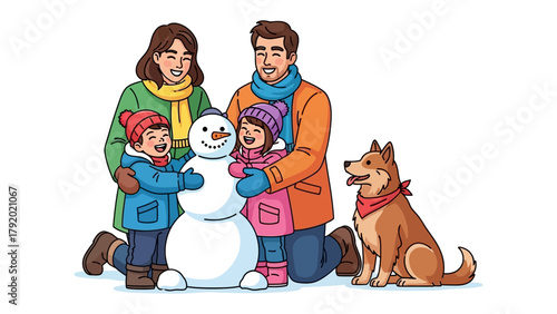 Winter Family Fun: A cheerful family stands together, huddled closely around a charming snowman, their faces alight with delight. A friendly dog watches the joyful scene unfold. 