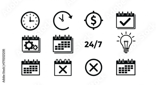 Set of black time, calendar, money, idea, settings, and schedule icons representing productivity, planning, workflow management, business operations, reminders, and organization.