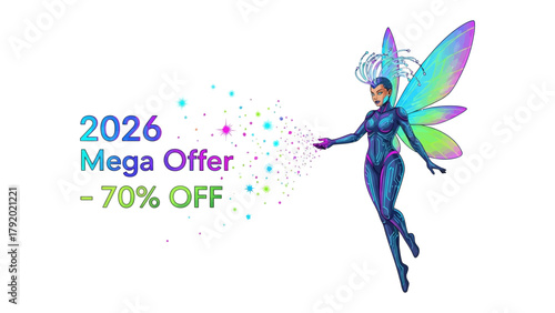 Mega Offer Fairy: A vibrant illustration showcases a fantastical fairy with iridescent wings, floating alongside bold text announcing a 2026 Mega Offer -70% Off . A captivating visual.