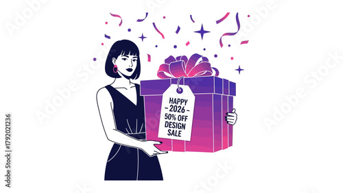 Gift Box in Hand: A woman clutches a large, beautifully wrapped gift box, with confetti and celebratory elements, conveying a message of excitement.