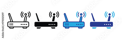 Wifi router device with wireless signal icons for internet network connectivity and data isolated on white background