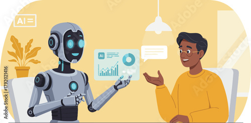 Futuristic collaboration concept with an android robot assisting a professional man with data analysis and business charts