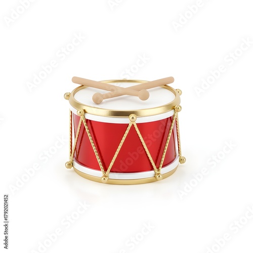 Realistic 3D render of a festive red snare drum with golden accents and crossed drumsticks for musical performance or holiday decoration