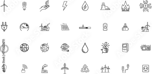Energy icon set. Including Solar, Wind, Renewable, Battery, Green, Sustainable, Eco, Thermal, Hydro, Conservation. vector illustration
