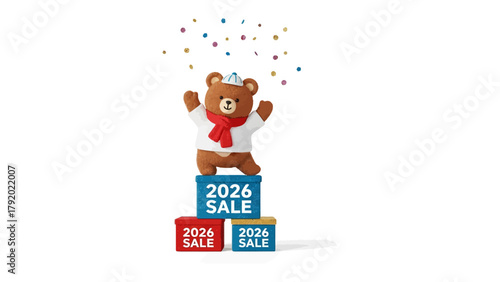 Bear sale for 2026 Celebration: A jubilant animated bear stands atop a stack of sale-labeled blocks, confetti raining down, signifying a celebratory sale for the year 2026. 