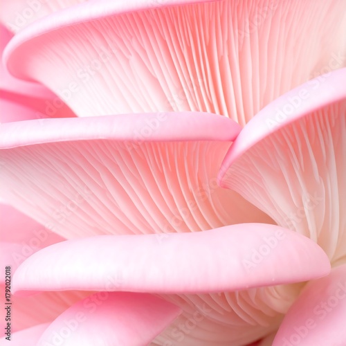 Close-up of layered, delicate, pink fungi with textured gills, creating a soft and organic aesthetic, reminiscent of flower petals