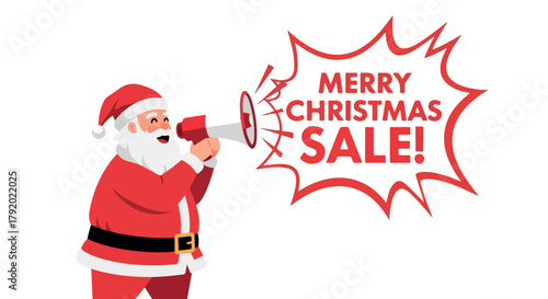 Santa Claus character shouting Merry Christmas Sale through a megaphone.
