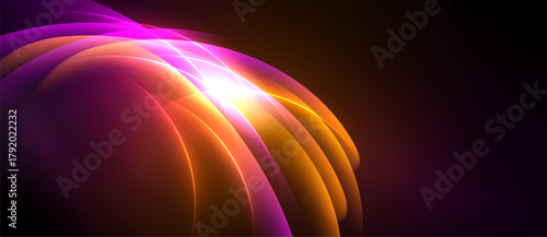 Abstract vibrant waves, glowing light source. Orange, pink hues dominate dark background. Dynamic energy radiates from center.