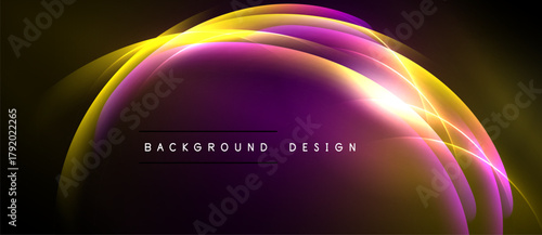 Abstract design features vibrant curves, gradients. Yellow, purple hues dominate dark background. Modern, dynamic visual element.