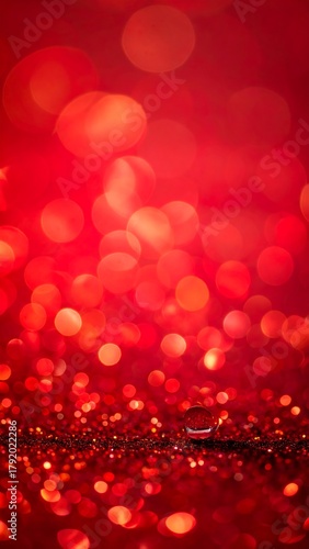 Close-up of sparkly, ruby-red glitter with a single water droplet resting on it, showcasing depth of field with blurred bokeh