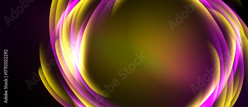 Abstract design features vibrant purple, gold curves. Soft glow creates dynamic, flowing visual effect. Dark background emphasizes luminosity.