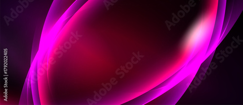 Abstract background features flowing magenta curves, dark shades, smooth gradients. Dramatic lighting creates visual interest.
