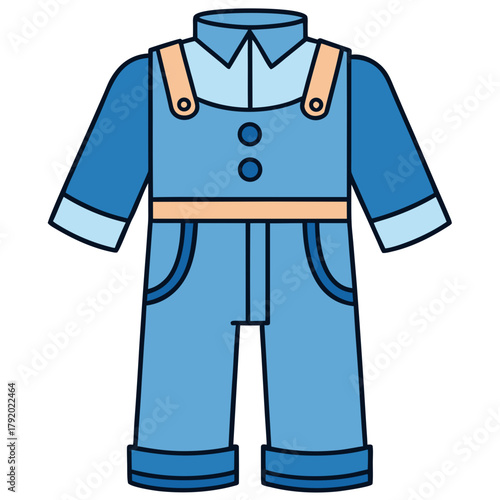 Cute cartoon illustration of a blue denim overall outfit for a baby or toddler
