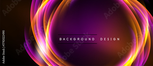 Abstract vibrant layers create glowing circular design. Purple, orange, yellow hues dominate dark background. Text reads background design.