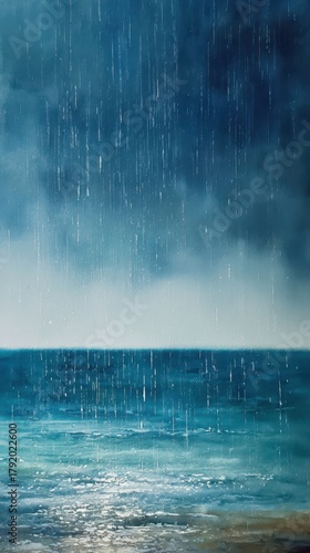 Dramatic Coastal Deluge: A torrential downpour cascades upon the vast ocean, creating a scene of nature's raw power and beauty, evoking a sense of both awe and tranquility.