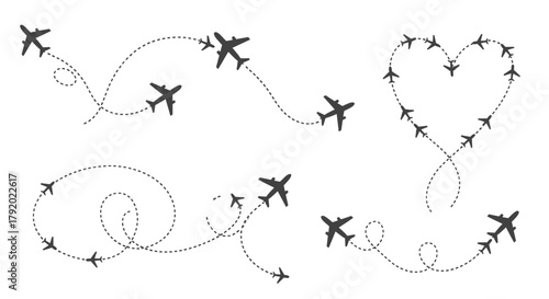 Airplane flight paths with dotted lines forming various shapes, including a heart and spirals.