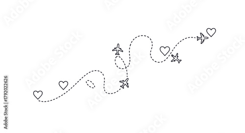Illustration of a dotted line path with airplanes and hearts.