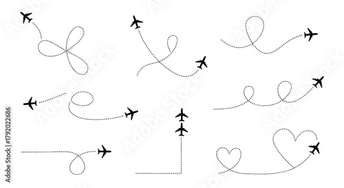 Set of airplane routes, flight paths, and travel destinations.