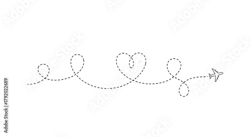 Airplane flying with dotted line path forming a heart shape, symbolizing travel and love.