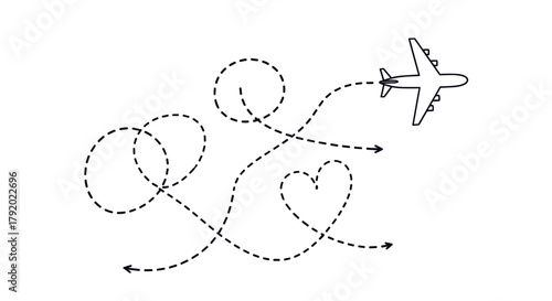 Airplane flying with dotted line path, including a heart shape, on white background.
