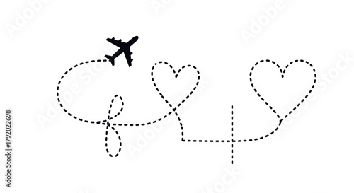Airplane flying a dotted line path forming hearts and a plus sign.