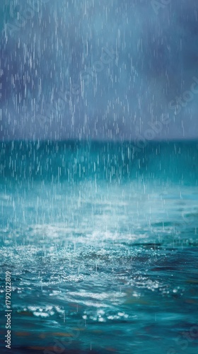 Seascape in a Storm: A solitary rain descends upon the vast expanse of the ocean. The textured blue water, reflecting the turbulent sky, captures the raw beauty and power of nature. 