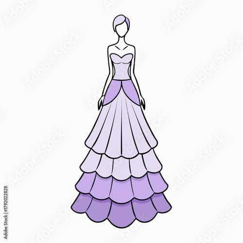 Elegant purple layered ball gown on a mannequin