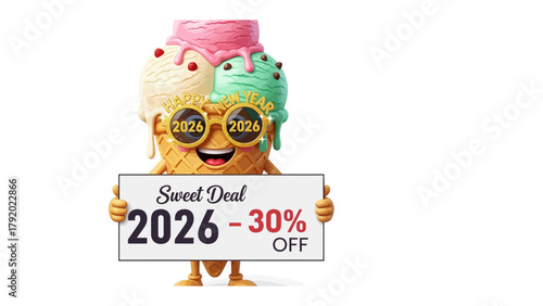 Sweet Ice Cream Deal: An anthropomorphic ice cream cone, proudly presents a Sweet Deal sign with a captivating offer. The image, bursting with color and charm.