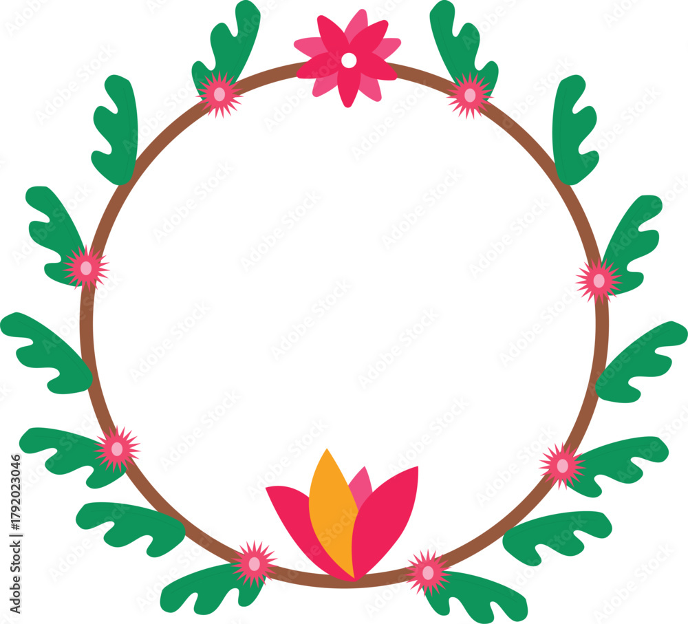 Fototapeta premium Floral wreath border frame decoration with green leaves and pink flowers vector illustration pattern design 
