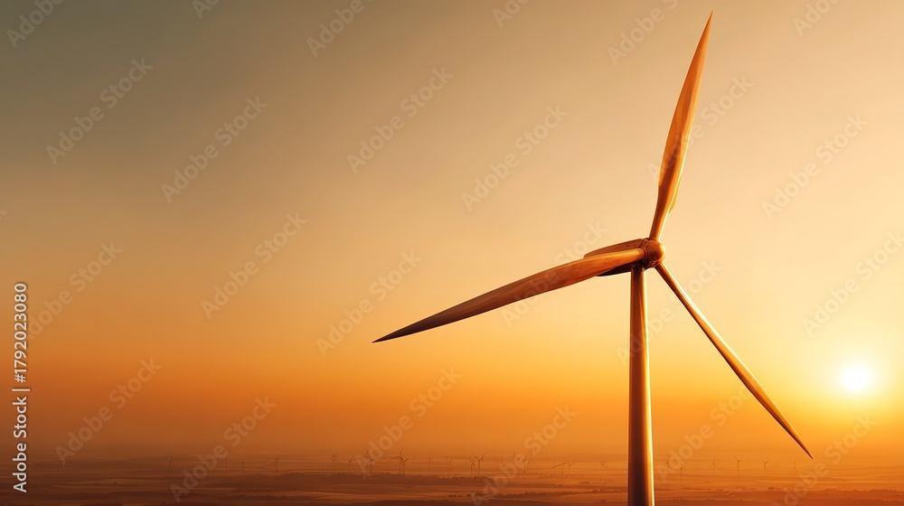 Fototapeta premium Golden Sunrise Over Wind Generator Blades Glowing Warmly in the Horizon Nature Photography Peaceful Environment Aerial Viewpoint Renewable Energy Concept