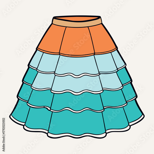 Colorful layered skirt with ruffles and a tan waistband
