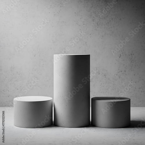Minimalist Product Display - Three Cylindrical Concrete Pedestals on a Textured Gray Surface.