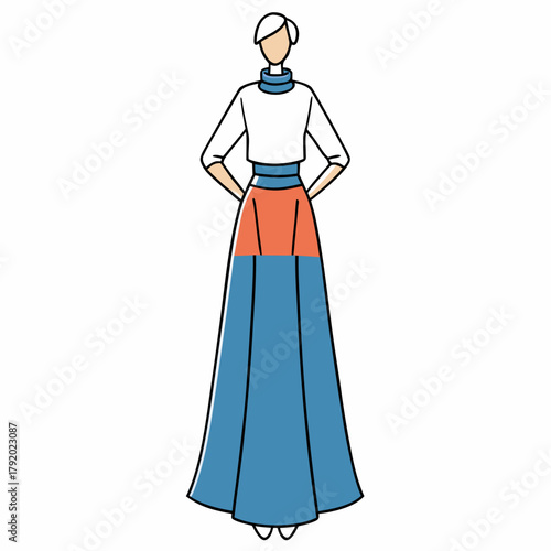 Woman wearing a stylish long skirt and turtleneck top