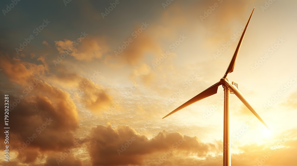 Obraz premium Golden Hour Wind Turbine Silhouette Countryside Landscape Nature Photography Warm Sunlight Atmospheric Conditions Energy Concept